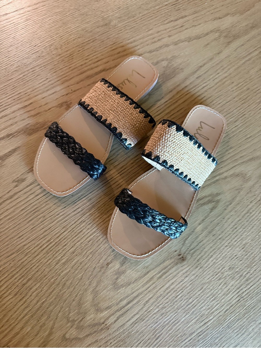 Lulu's Natural Straw and Black Braided Two-Band Slide Sandals